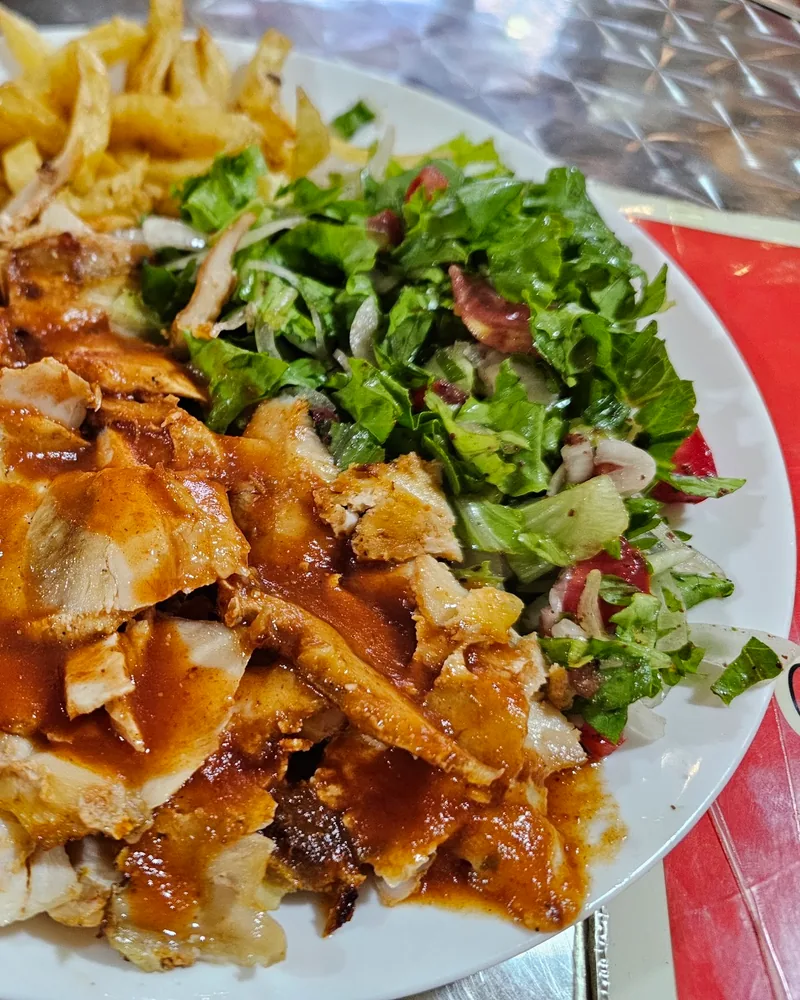 Chicken doner kebab plate with fries and salad at Sky Way