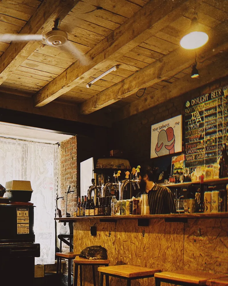Wooden bar counter with beer taps and wooden ceiling beams at Sma