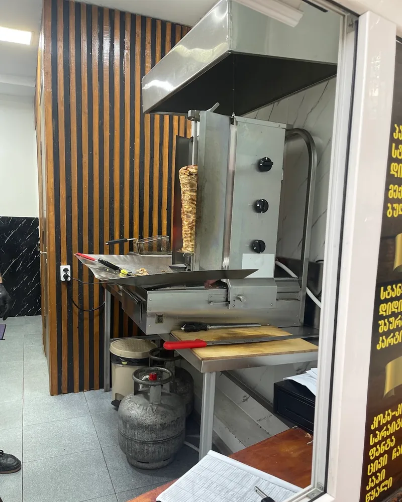 Shawarma spit and kitchen station at Soul Shaurma