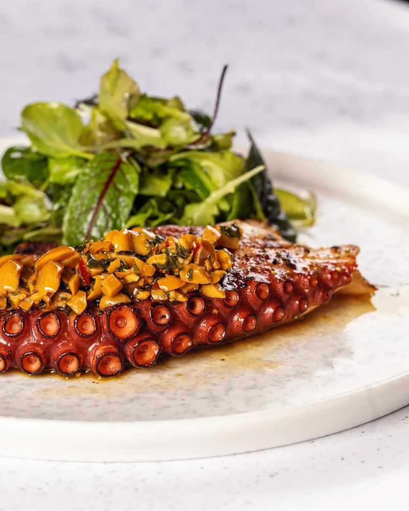 Grilled octopus tentacle with topping and salad on a plate at Steakhouse by Gastronome