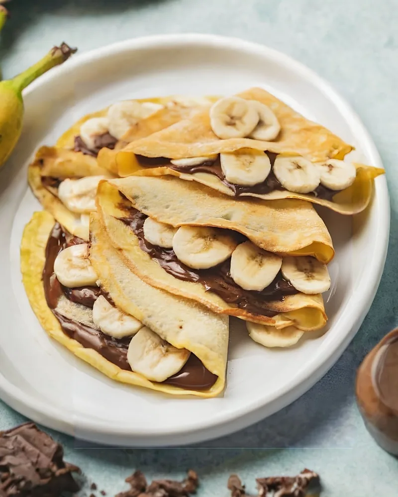 Banana and chocolate crepes on a white plate at Sweet Lab