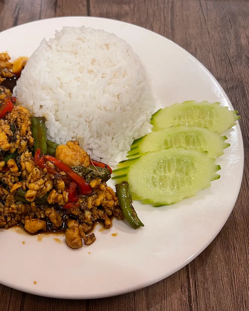 Pad krapow with rice and sliced cucumber at Thanapon