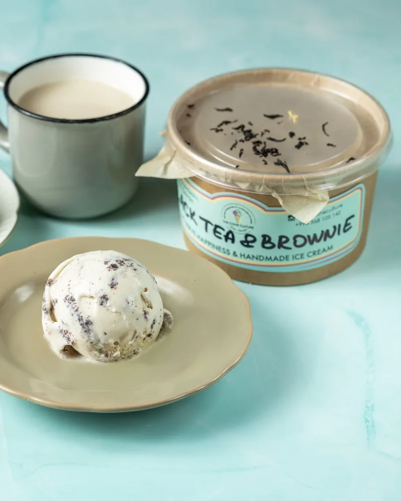 Ice cream scoop with brownies and coffee at The Cone Culture