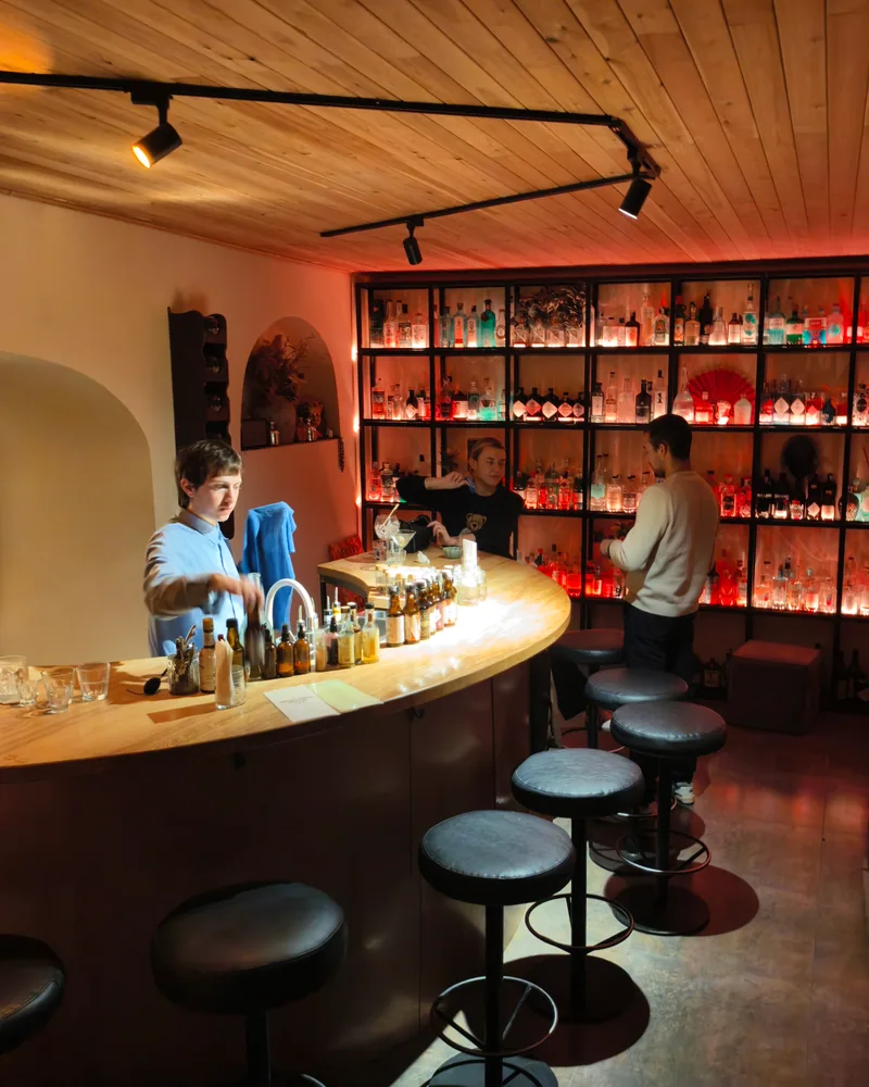 A curved wooden bar counter with high stools in front of lit shelves of gin bottles at The Gin Corner