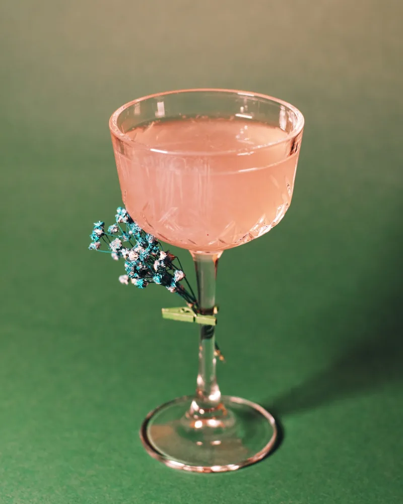 Pink cocktail in a coupe glass with dried flowers on the stem at The Hidden Bar