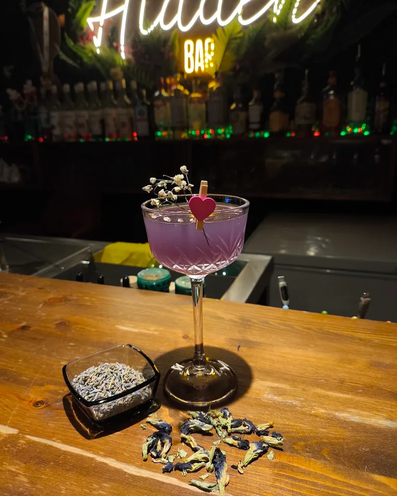 Purple cocktail in a coupe glass at The Hidden Bar