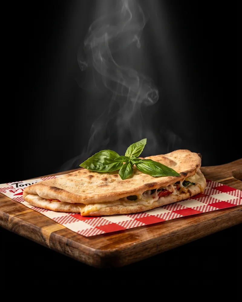Calzone topped with fresh basil on wooden board at Tony’s Pizza