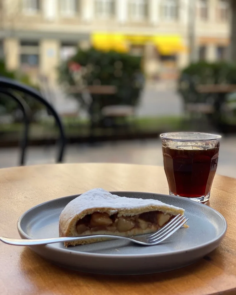 Apple strudel slice with iced filter coffee at Walkers Espresso Bar