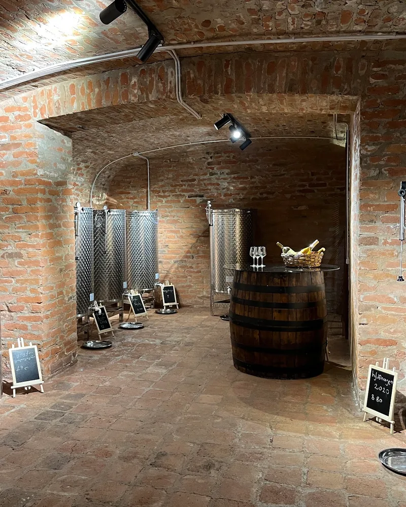 Steel wine tanks and a barrel table set with glasses in a brick-vaulted cellar at Wine Store Orbeliani
